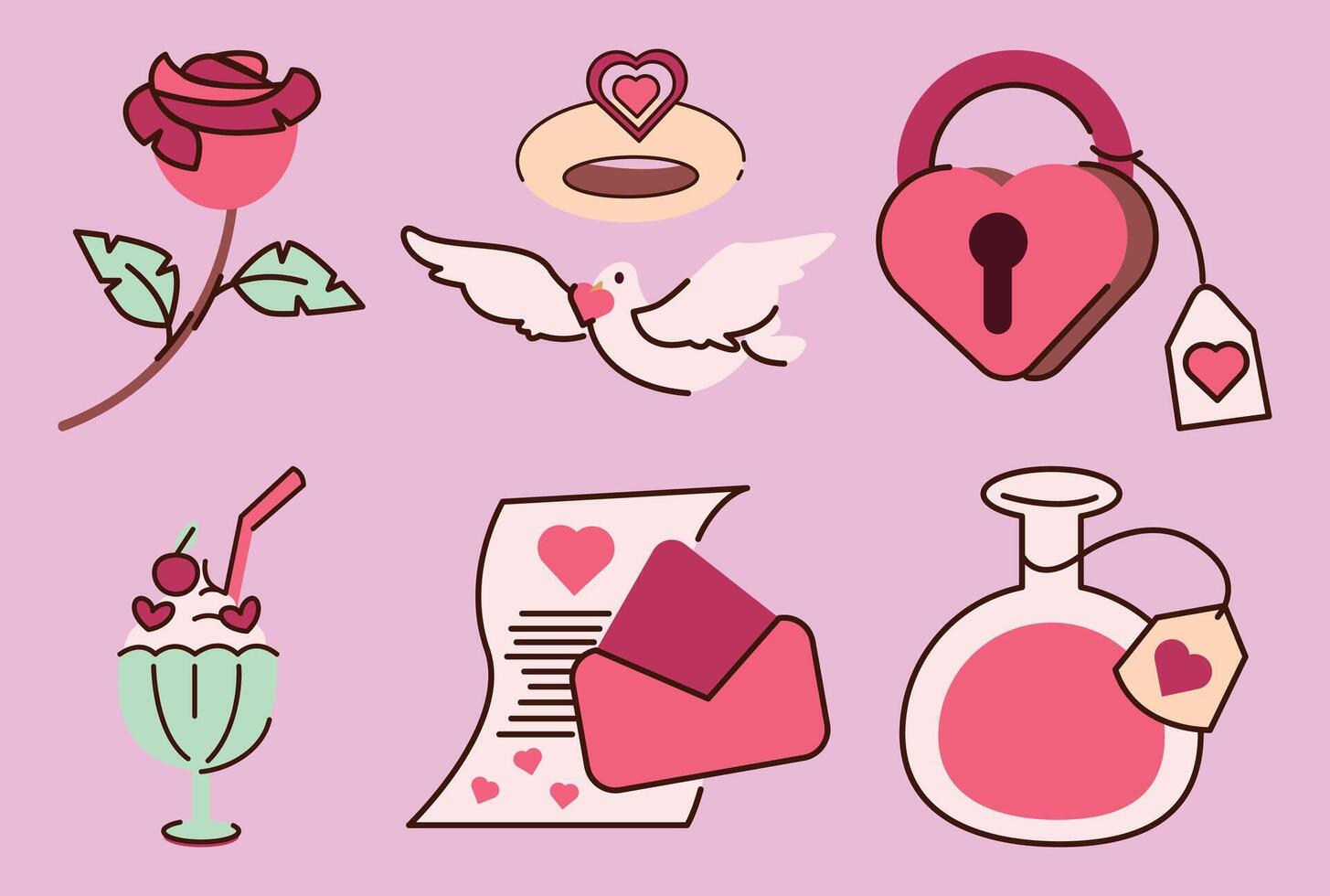 A set of Valentine's Day themed icons including a rose, a heart, a lock, a key vector