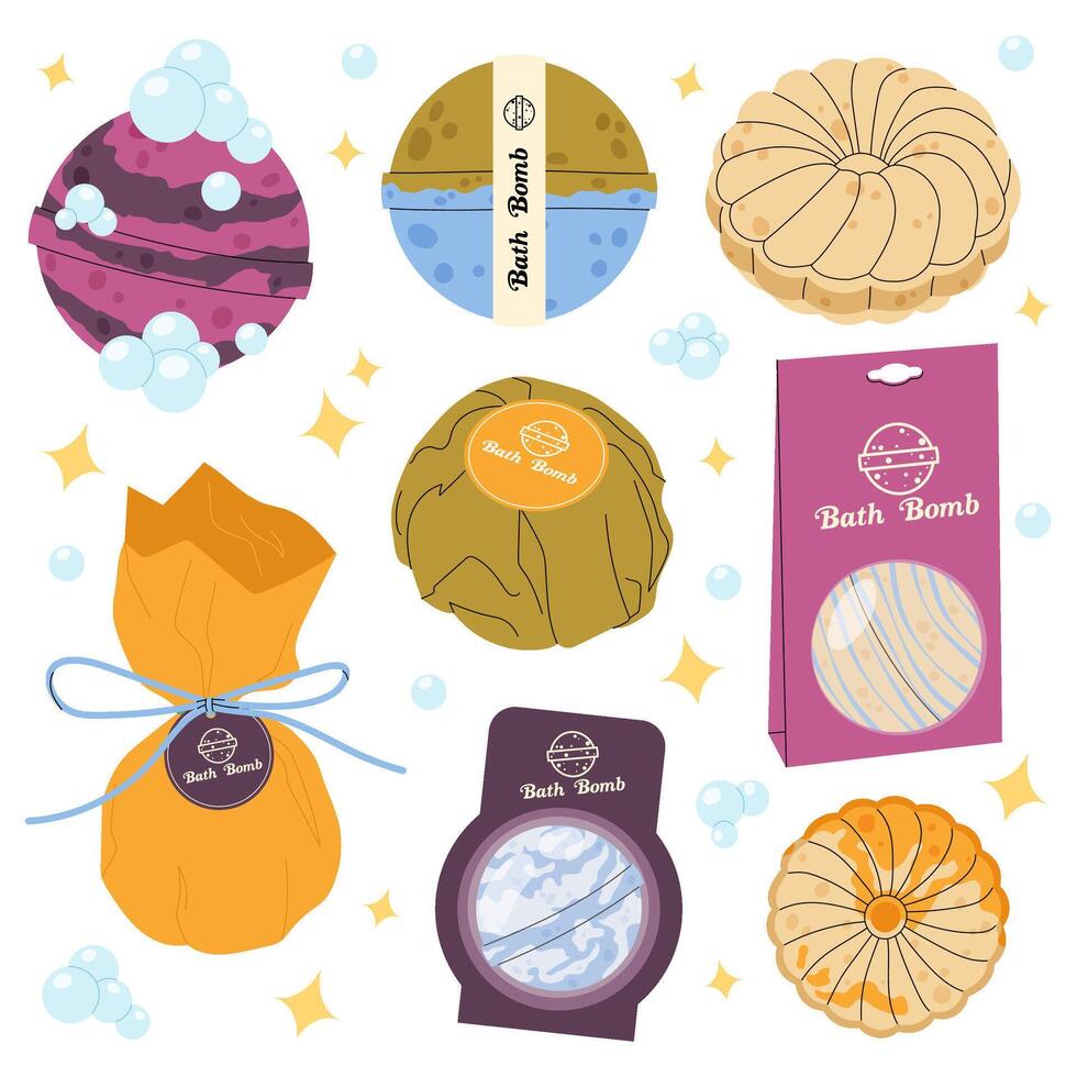 Bath bomb set in flat style. Hygiene procedure and body care. Fragrant effervescent bath bombs. Cosmetic bubbling bath ball. vector