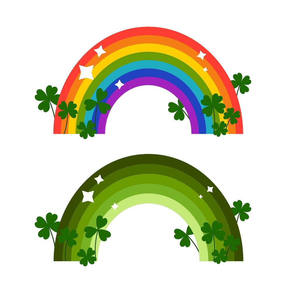 Rainbow Icon Set. Rainbow arch with stars and clover for greeting card, background, congratulations. Flat illustration on white background. vector