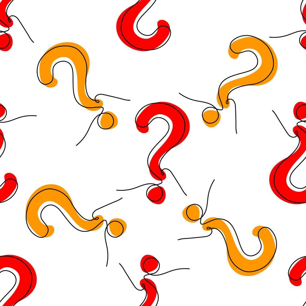 Seamless pattern with red and yellow question marks and abstract figures. Ideal for FAQ, problem-solving, and curiosity-related designs. vector