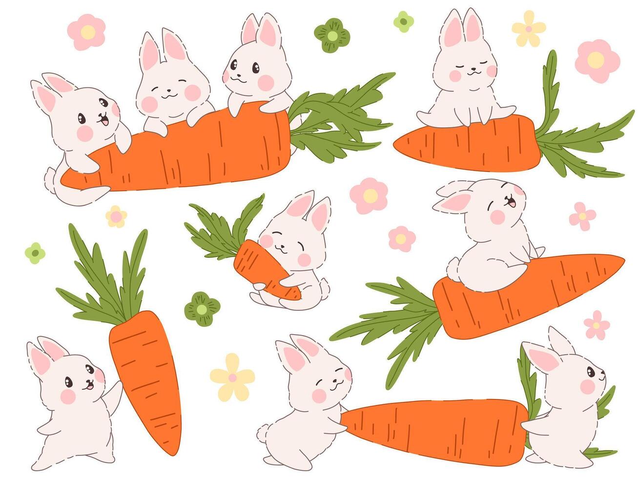 Cute kawaii rabbit with carrot in various poses. Easter Bunny illustration. Animal character cartoon design. vector