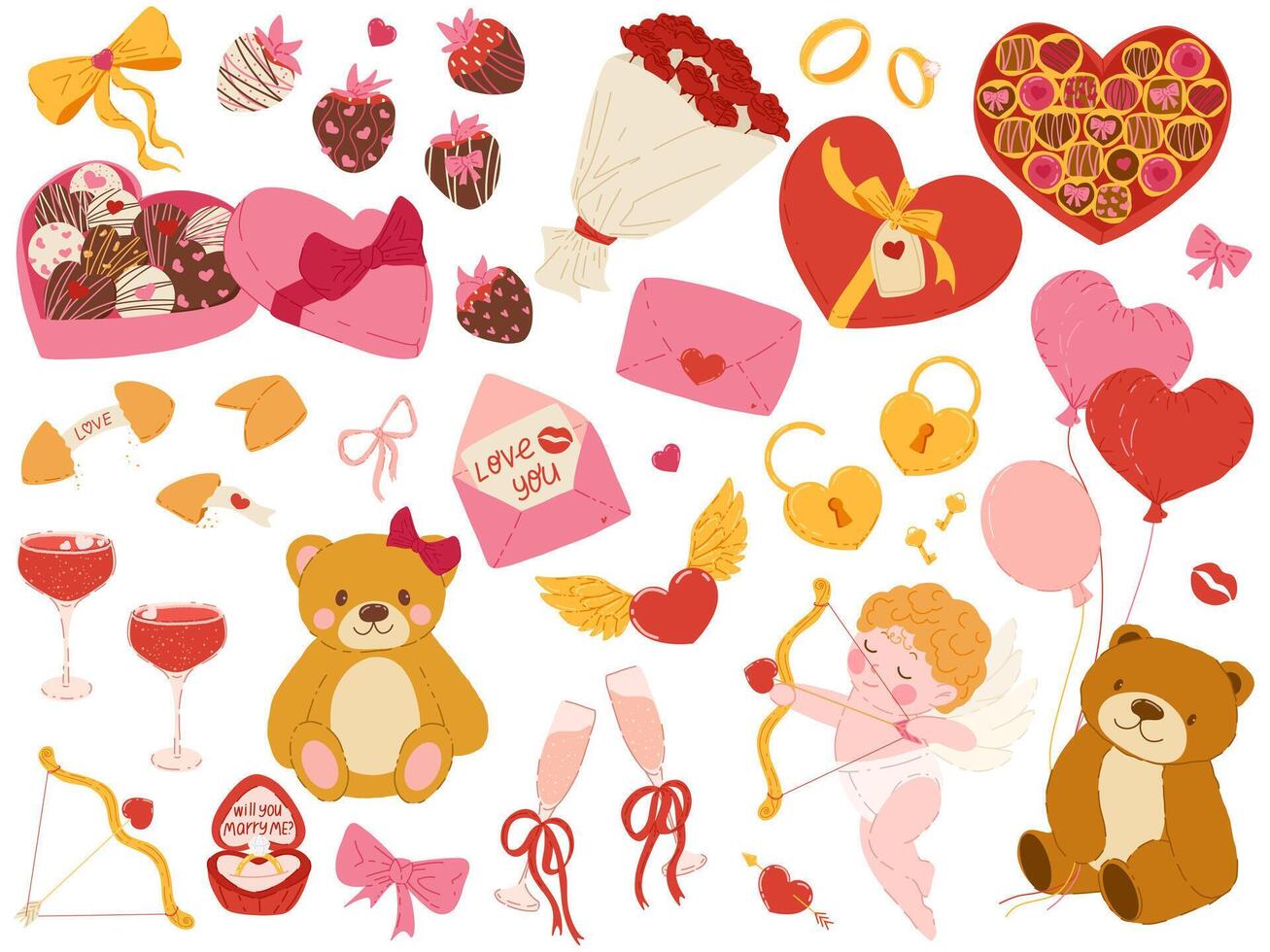 Valentine's Day stickers set for daily planner, diary, web. Scrapbooking cute hand drawn elements for Valentine's Day. Hearts, gift, chocolate box, teddy bear, mail, ring, cupid, roses, balloons vector