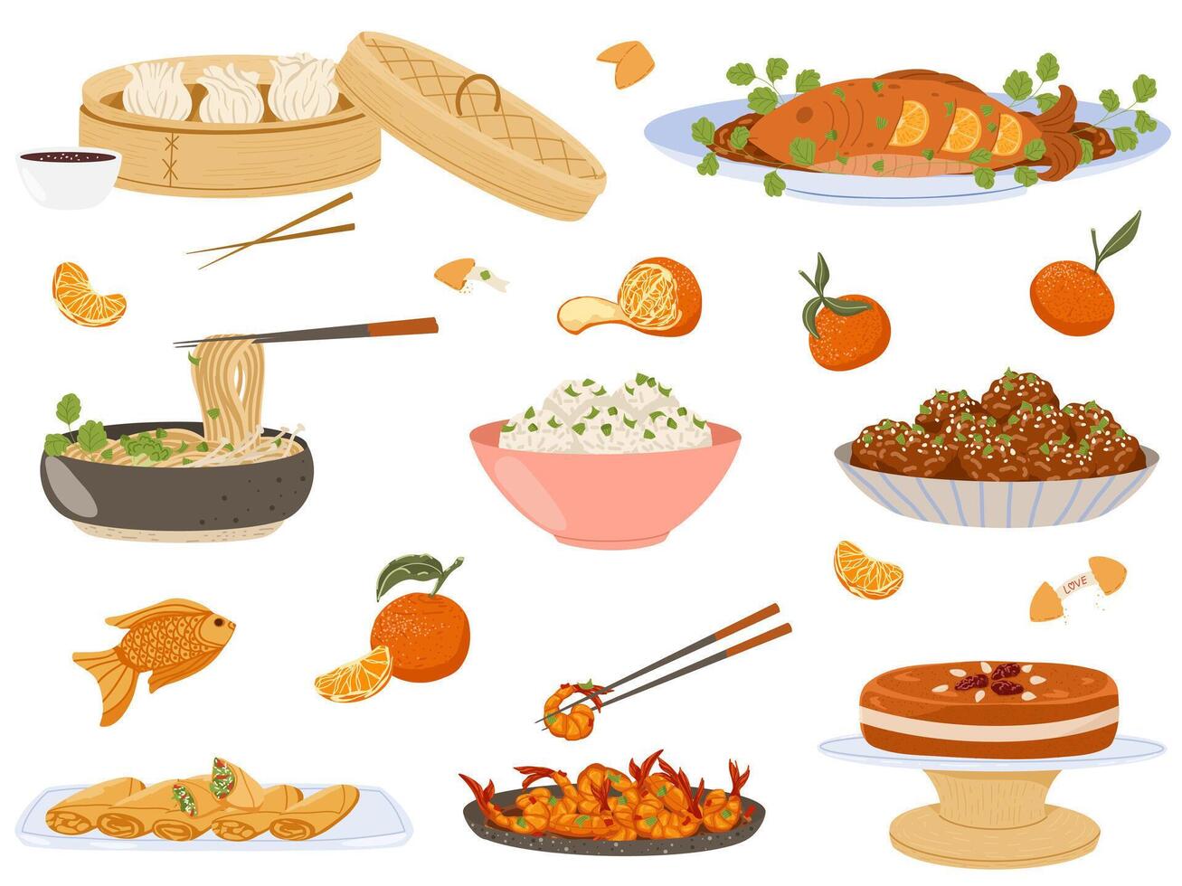 Asian food set. Chinese traditional cuisine with various dishes. Flat illustration. Gyoza, grilled fish, noodles, rice balls, meatballs, spring rolls, shrimps, rice cake isolated on white vector