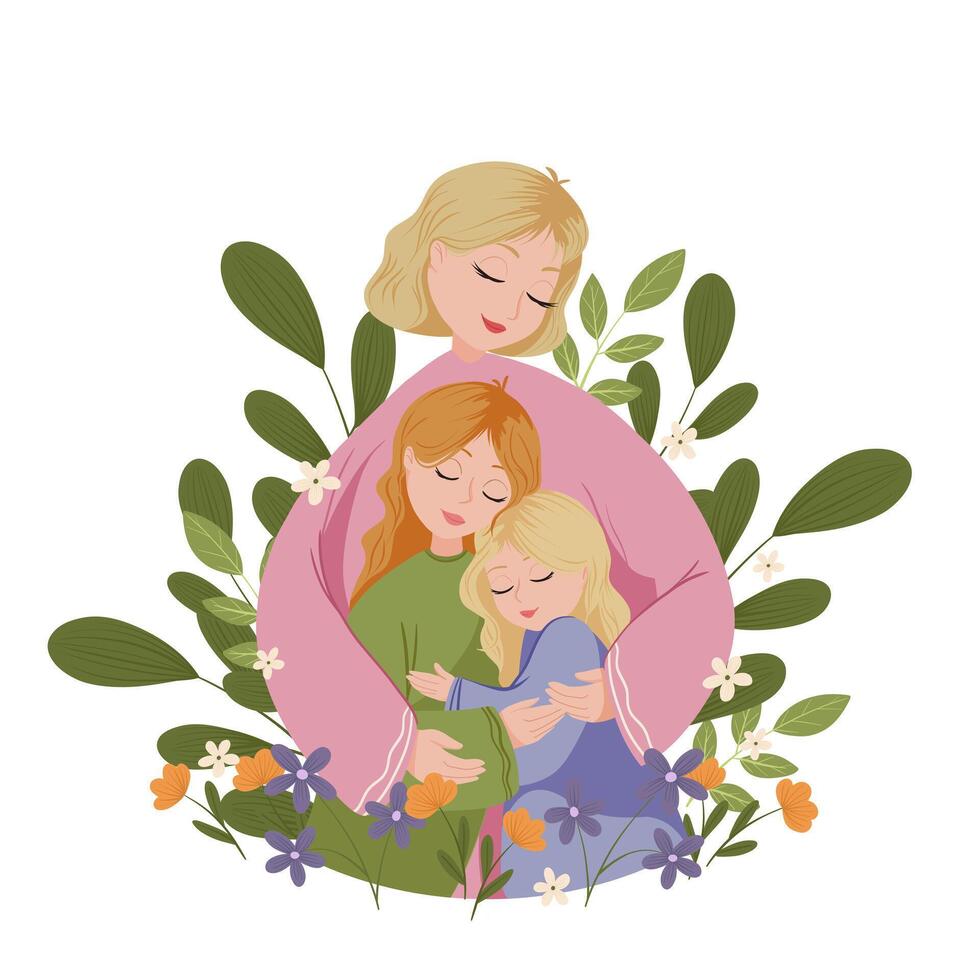 Mother and daughters are embracing, illustration for greeting card, poster, print with floral background. Happy Mother's Day or Women's Day concept vector