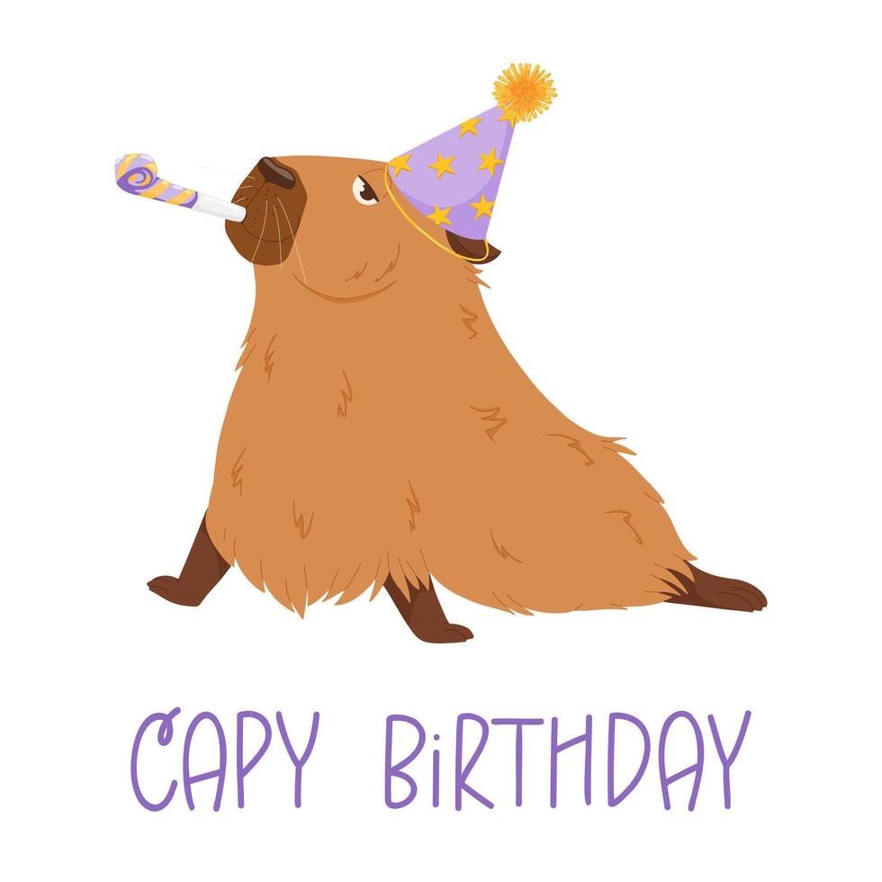 Cartoon capybara character design for mascot, stickers, print, birthday cards. Capybara with party hat, party blow. Amusing capibara character vector