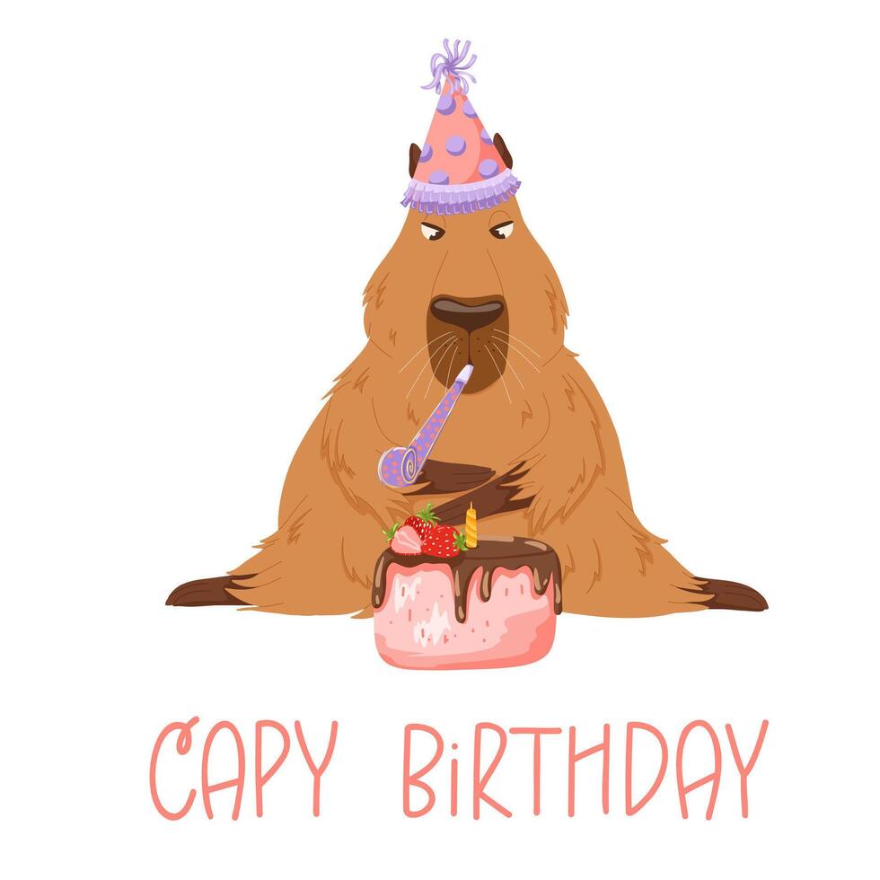 Happy birthday cartoon capybara character design for mascot, stickers, print, birthday cards. Cute capybara with party hat, party blow, cake. Amusing capibara character vector