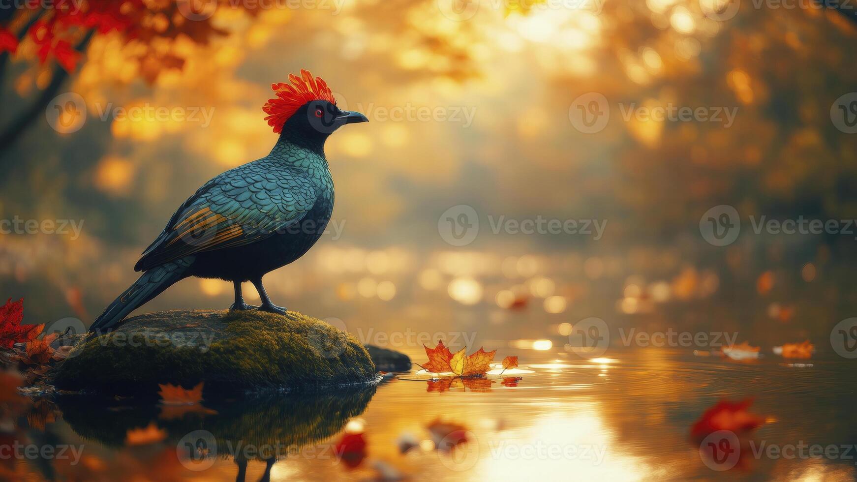 Vibrant Bird Perched on Rock Surrounded by Autumn Leaves and Tranquil Water at Dawn photo