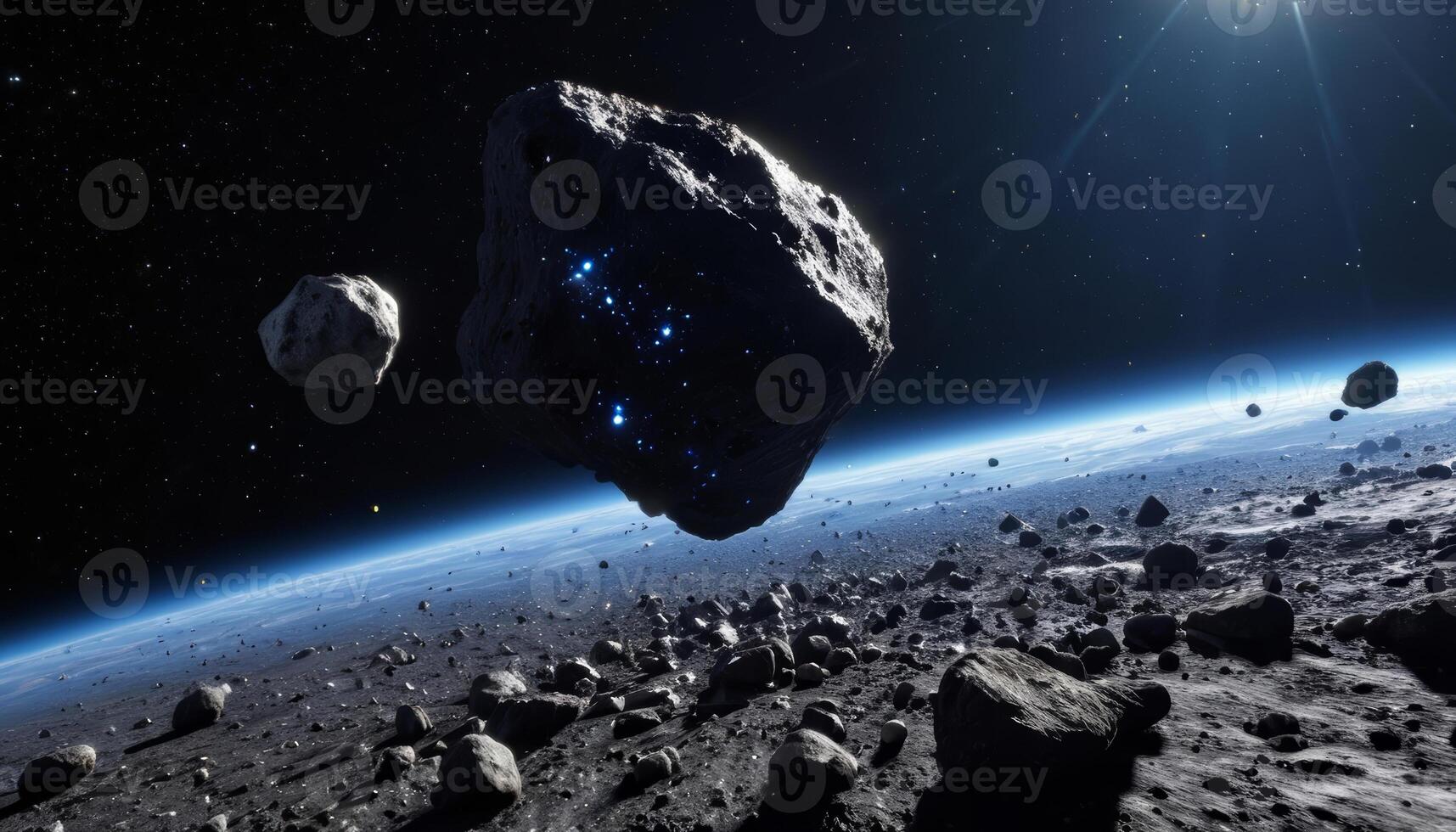 Exploration of Asteroids in Deep Space With Shimmering Stars and Planet Earth Visible photo
