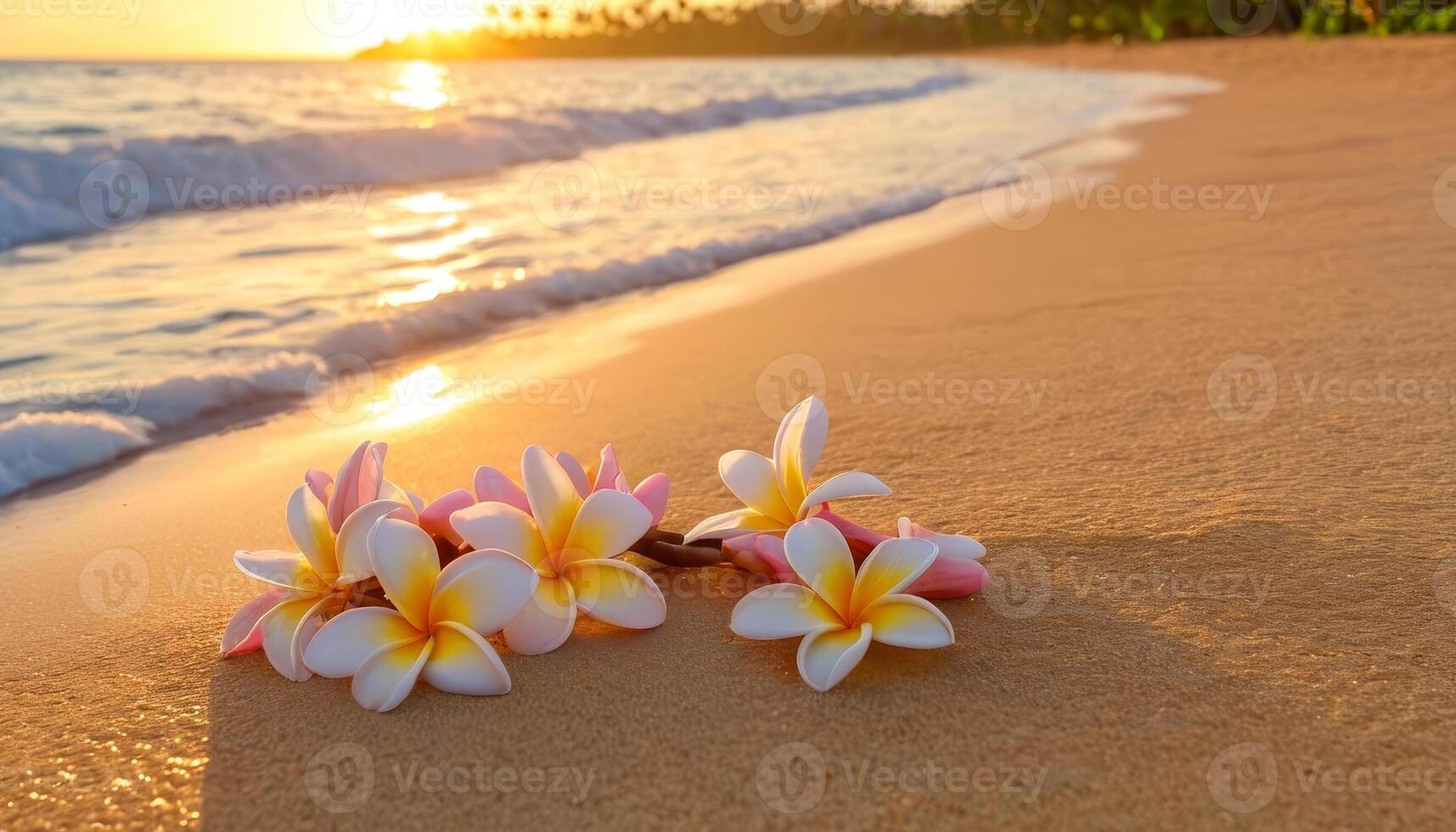 Flowers Resting on Sandy Beach at Sunset With Gentle Waves Lapping on the Shore photo