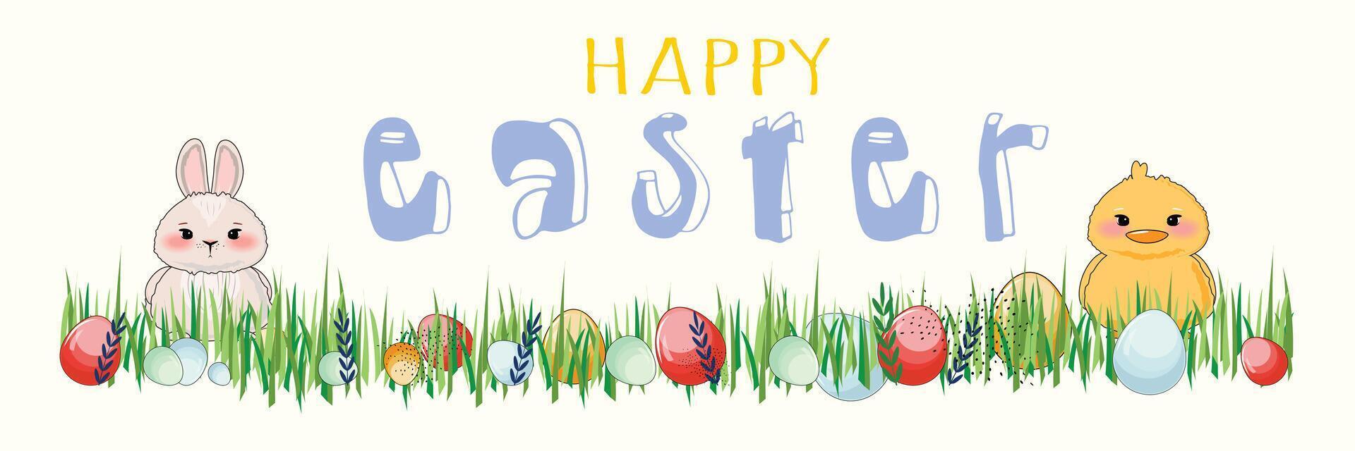 Happy Easter horizontal banner with a cute bunny and duck in grass, colorful eggs around, flat outline cartoon style vector