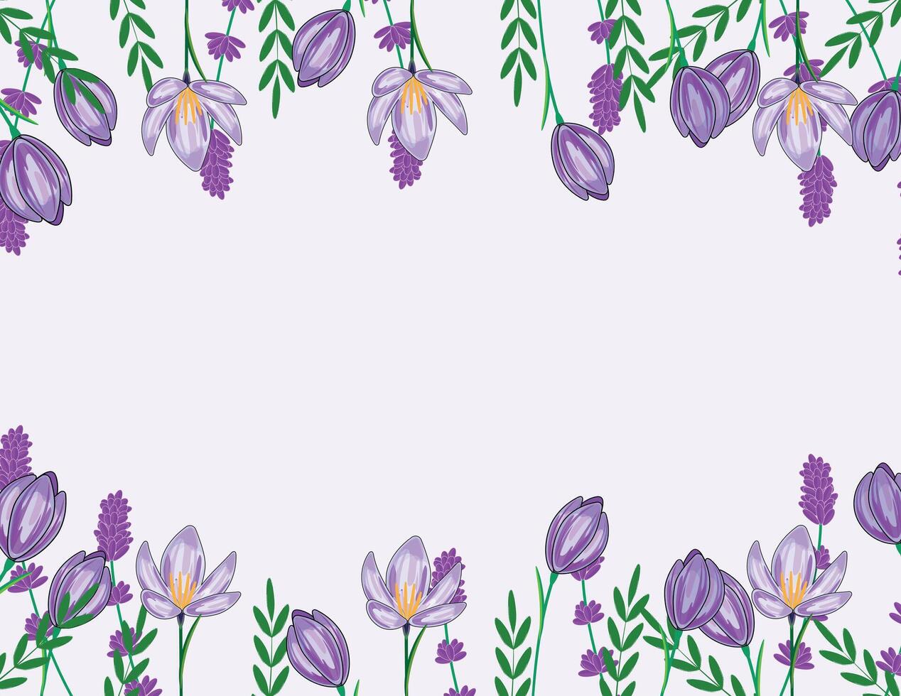 Floral copy space banner with crocuses, lavender, and leaves on sides, empty center for personal design vector