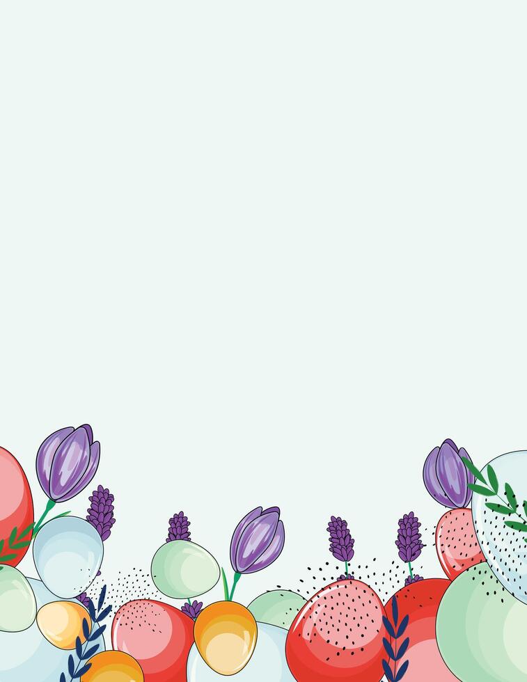Floral Easter card with crocus, lavender, and colorful eggs at the bottom, perfect for personalized design vector