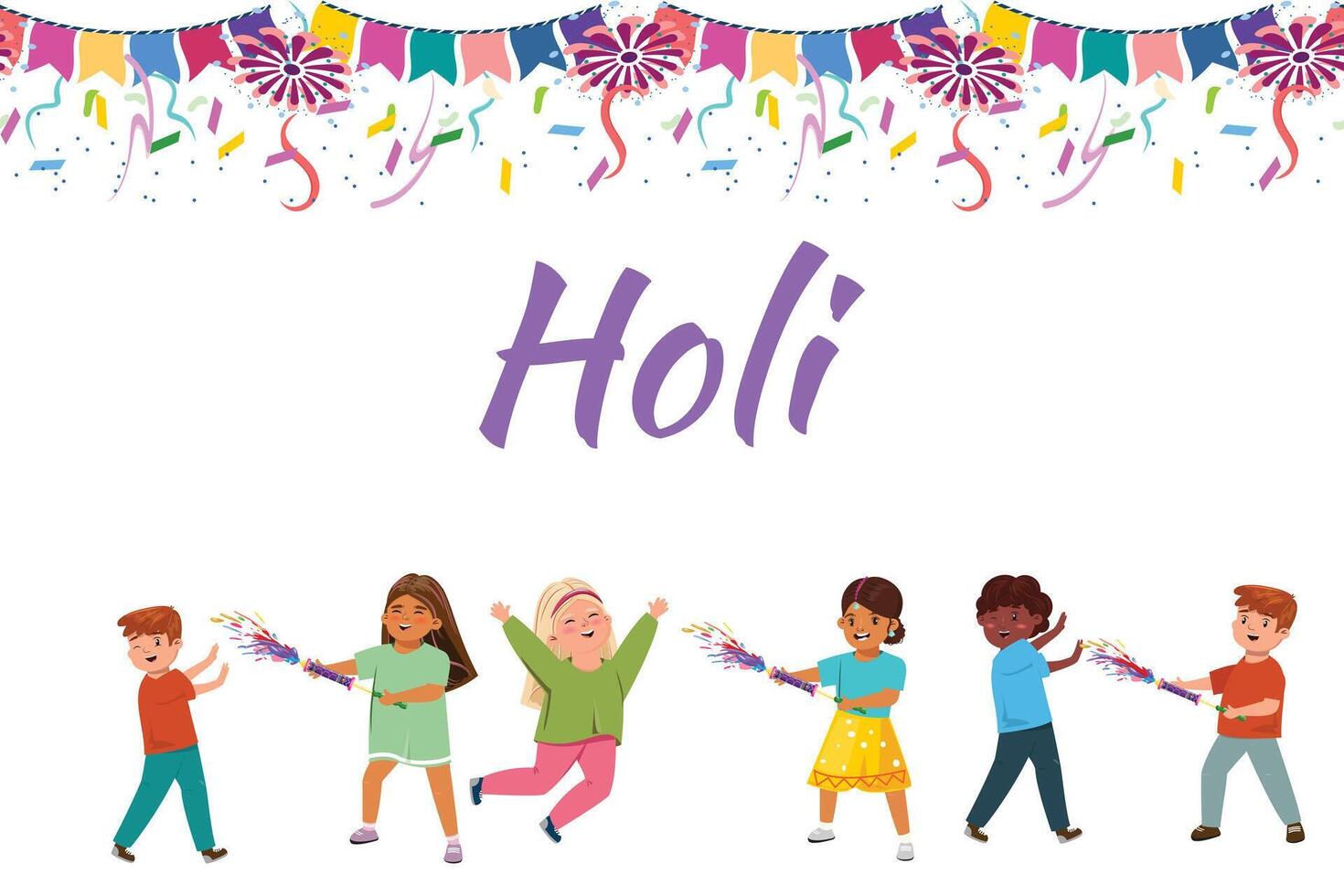 Fun, vibrant Holi celebration illustration with joyful kids covered in colorful powder vector