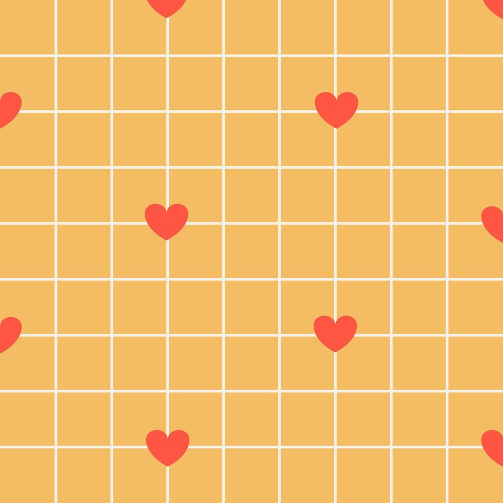 Yellow psychedelic wavy checkerboard, warped geometric grid. Groovy 70s texture, fluid movement, hippie abstract pattern, hearts. vector