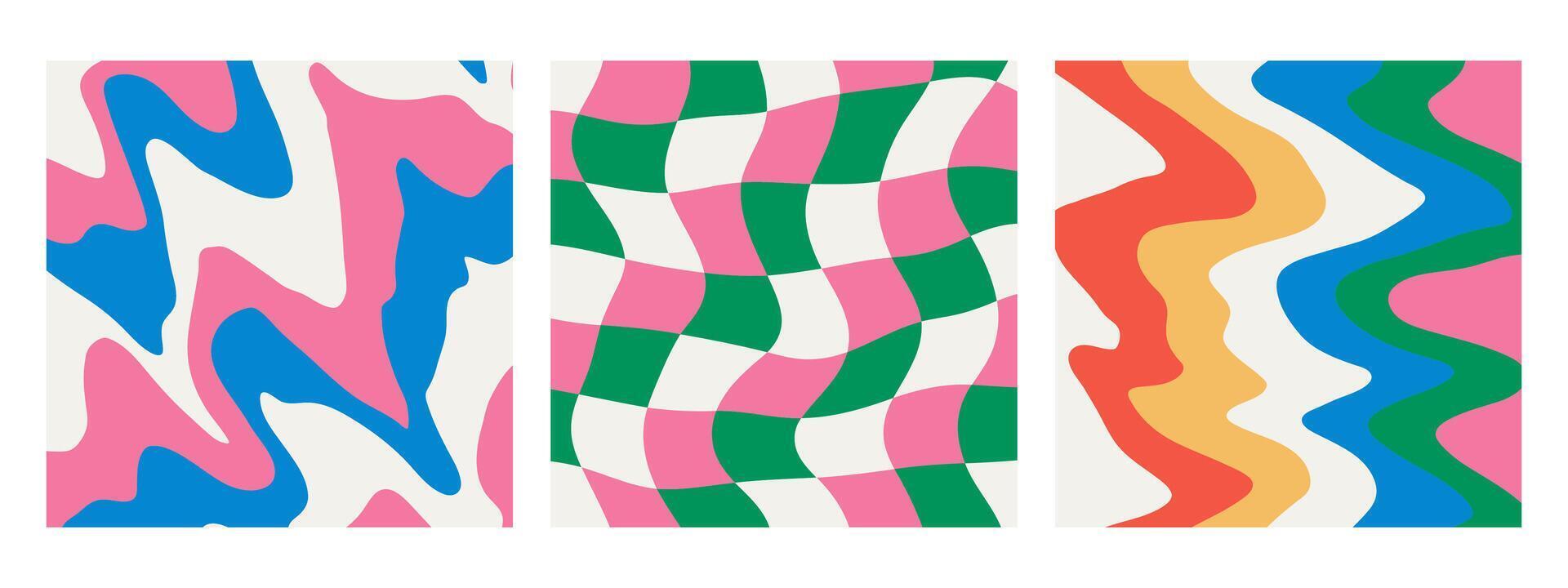Set of colorful trippy backgrounds, retro y2k aesthetic. Wavy distorted grids, abstract geometric checkerboard, playful hippie patterns. vector