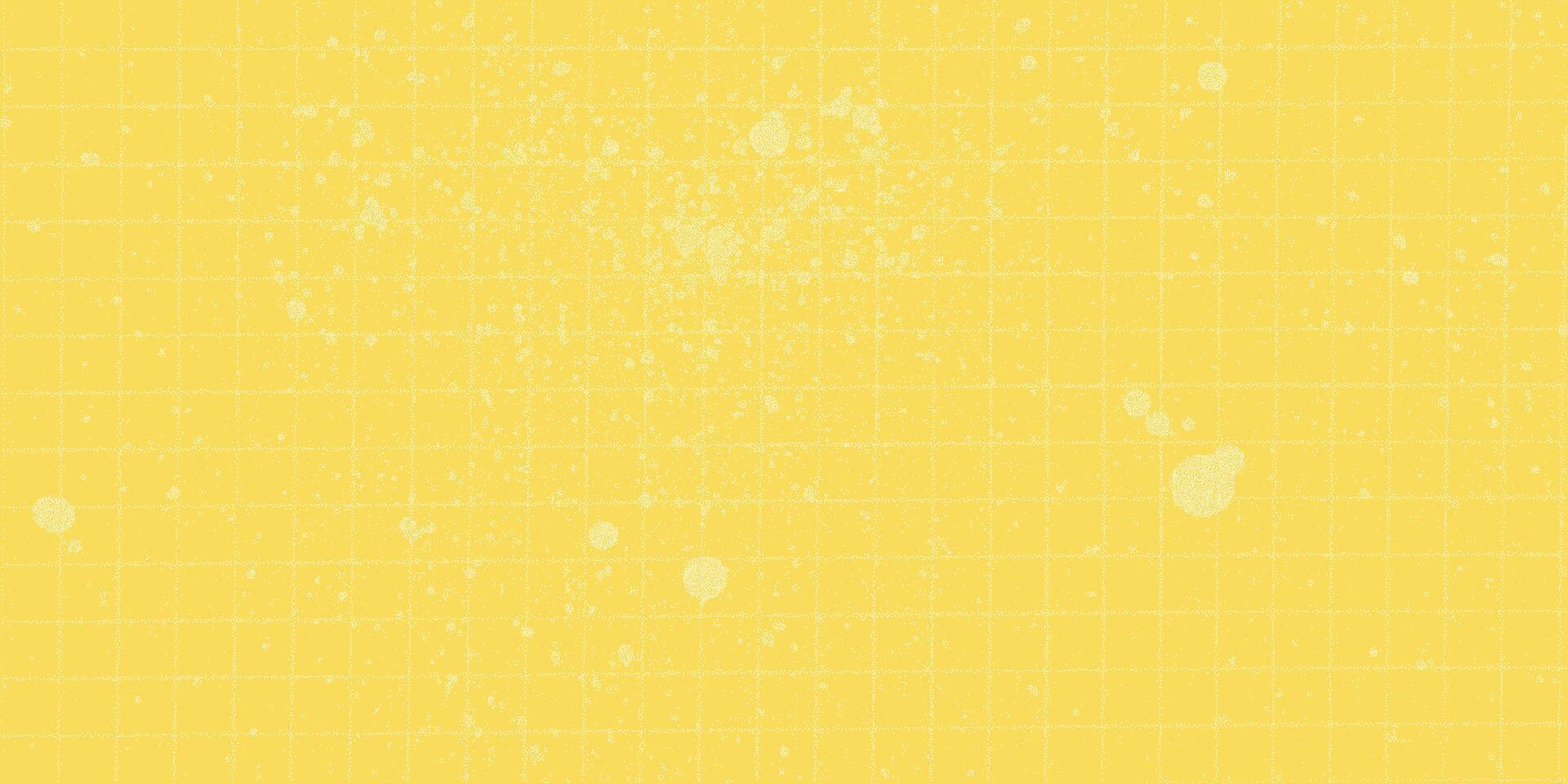 Yellow and white abstract design with dotted halftone pattern. Ink splashes and paint stains cover the checkered paper backdrop. Gritty texture. vector