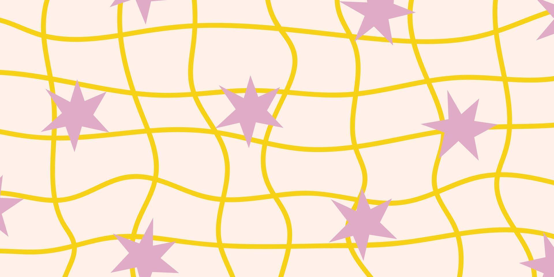 Retro checkerboard pattern with a psychedelic twist, warped and fluid. Groovy wavy grid effect, geometric movement, bold 70s hippie vibe, stars. vector