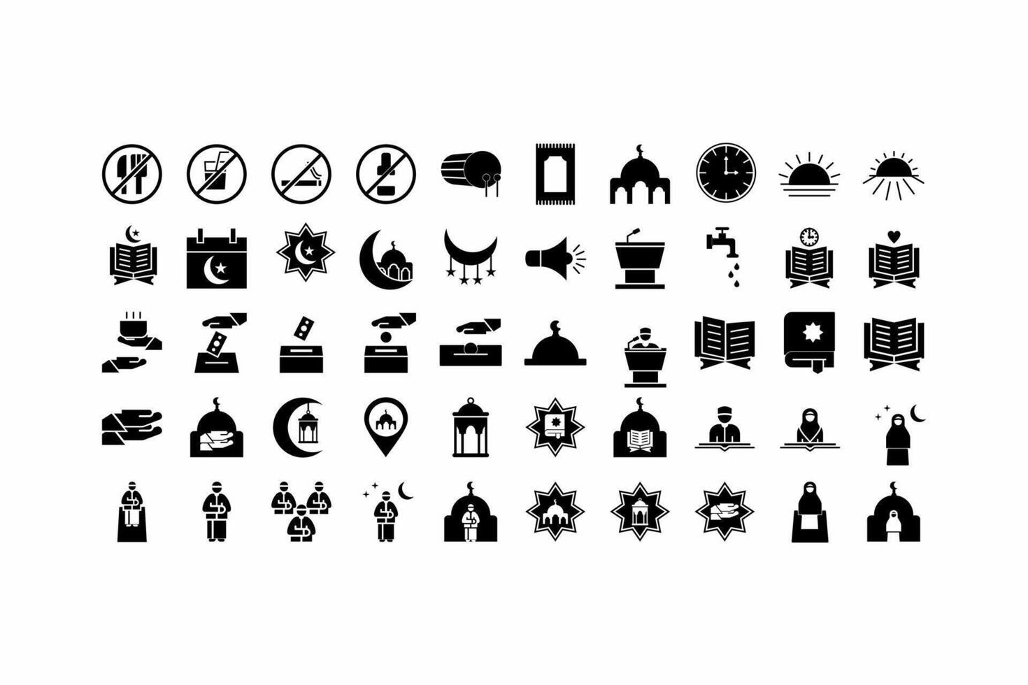 50 black and white icons representing Ramadan, suitable for social media posts, website banners, and graphic design projects. vector