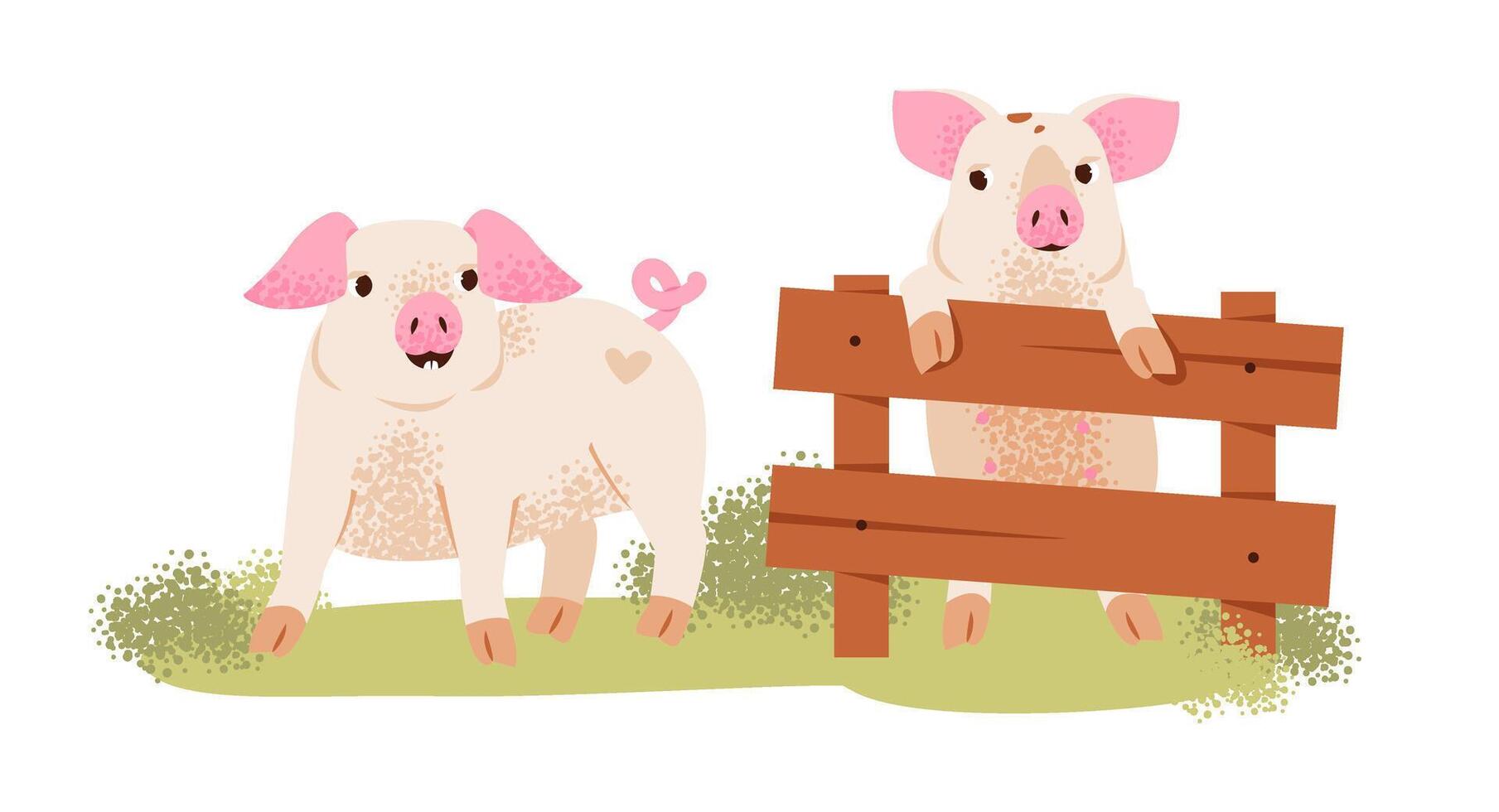 Little playful piglets near the fence. Farm cute animals. Flat illustration. vector