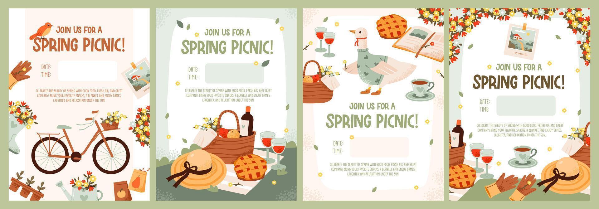 Spring picnic party invitation template set. Picnic baskets filled with goodies against a vibrant spring backdrop. Flat illustration. vector