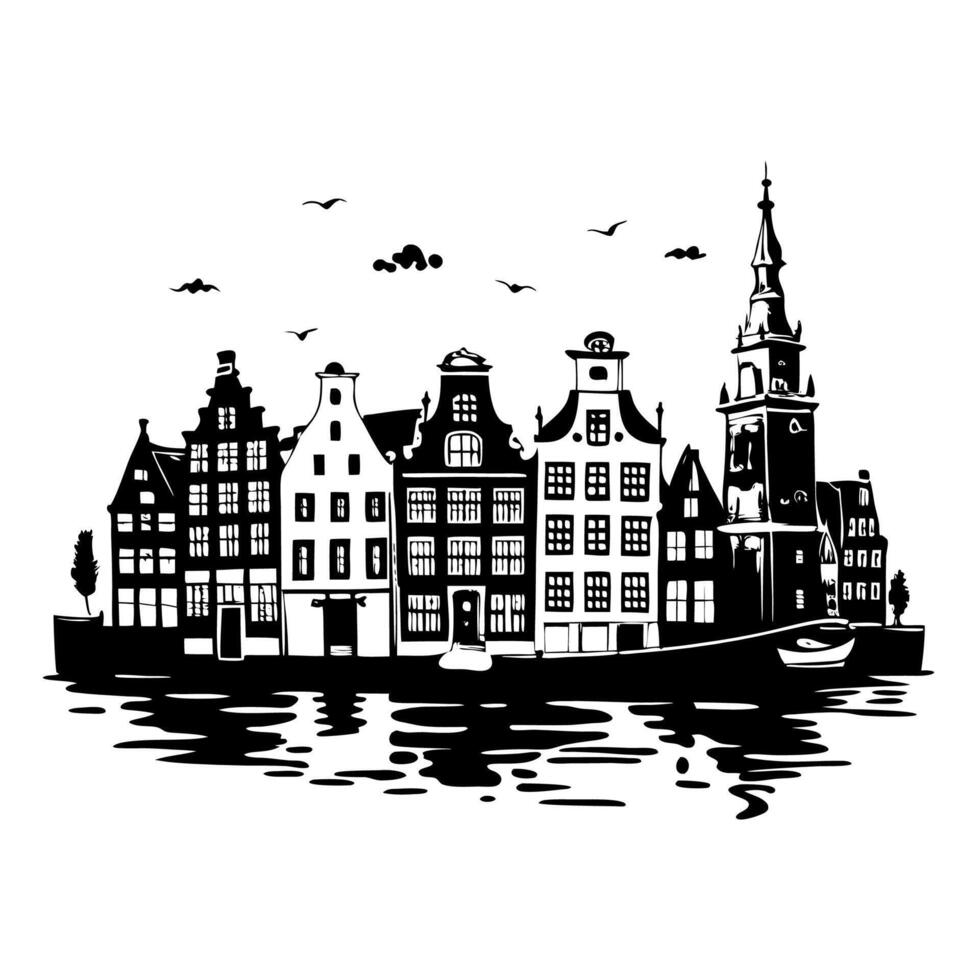 A charming canal town with historic buildings and a tall church tower surrounded by water and flying birds vector
