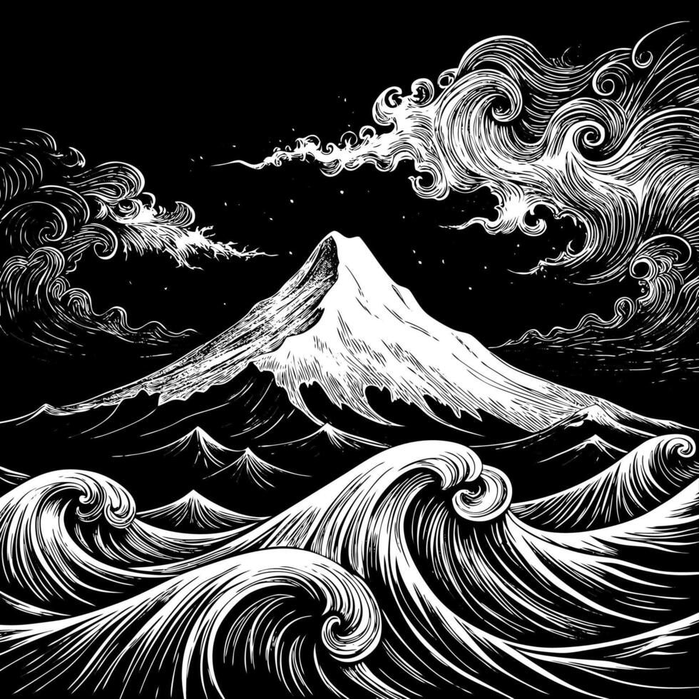 Black and White Mountain and Waves Japanese Style Illustration vector