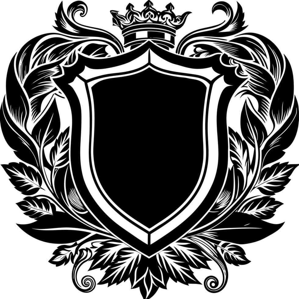Ornate Black Shield with Crown and Leaves vector
