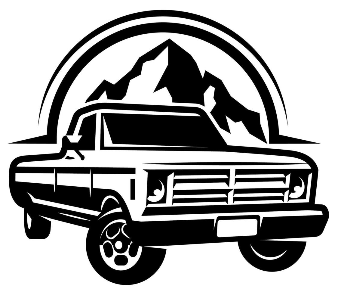 Bold black and white illustration of a classic farm pickup truck with mountain peaks in the background symbolizing rugged utility and outdoor adventure vector
