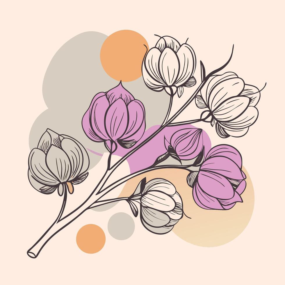 A delicate floral arrangement with purple and white blossoms set against a soft pastel background creating a serene and elegant composition vector