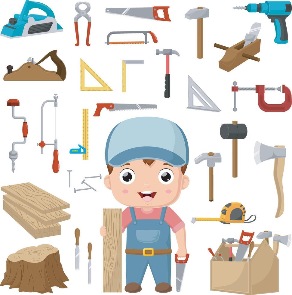 Set of carpenter elements cartoon vector