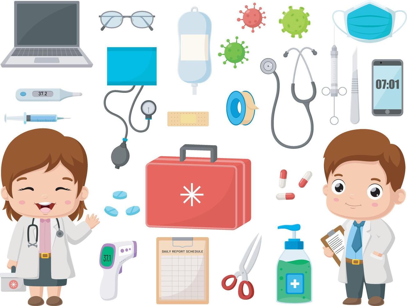 Cute little doctor with hospital elements vector