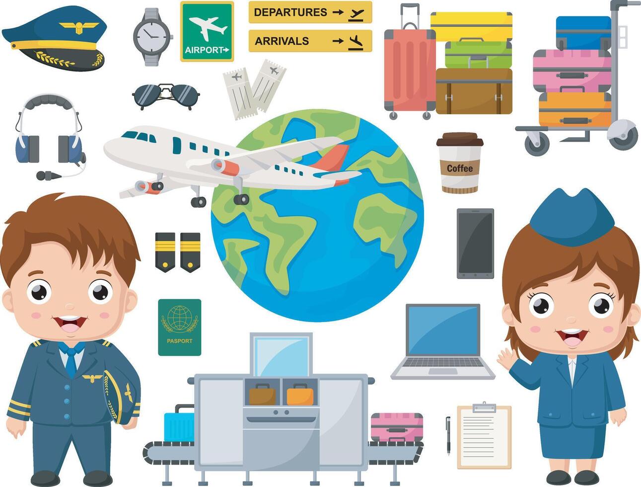 Cute pilot and stewardess kid with element collection vector
