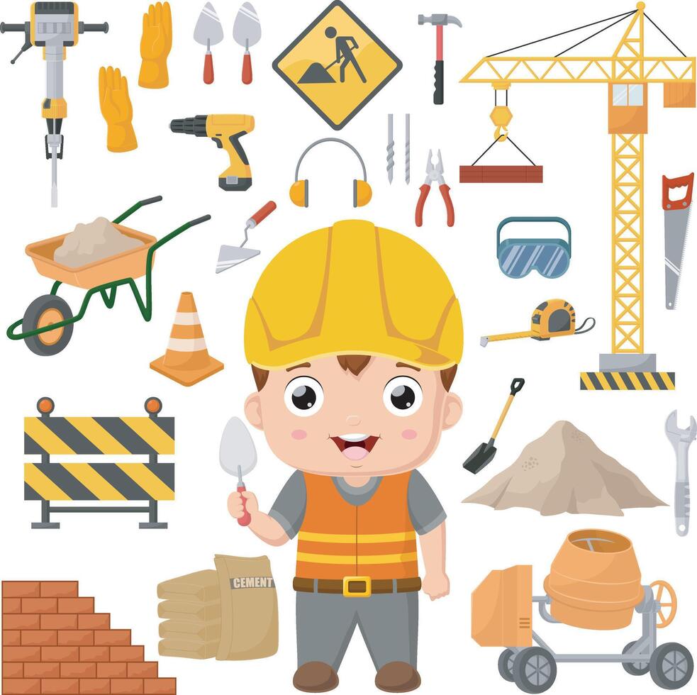 Cute little builder kid with construction tools vector