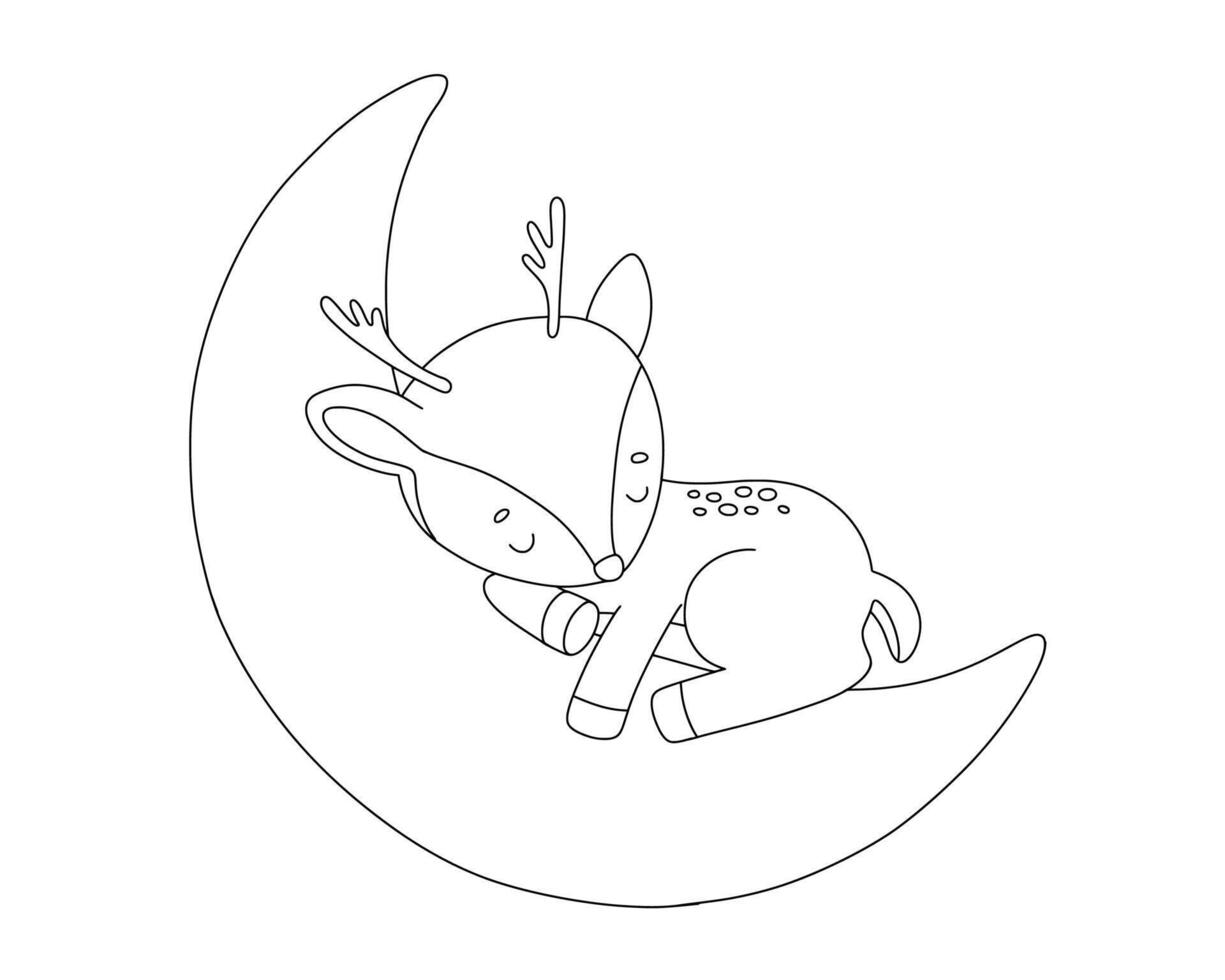 Baby deer sleep on moon, line illustration for coloring page vector