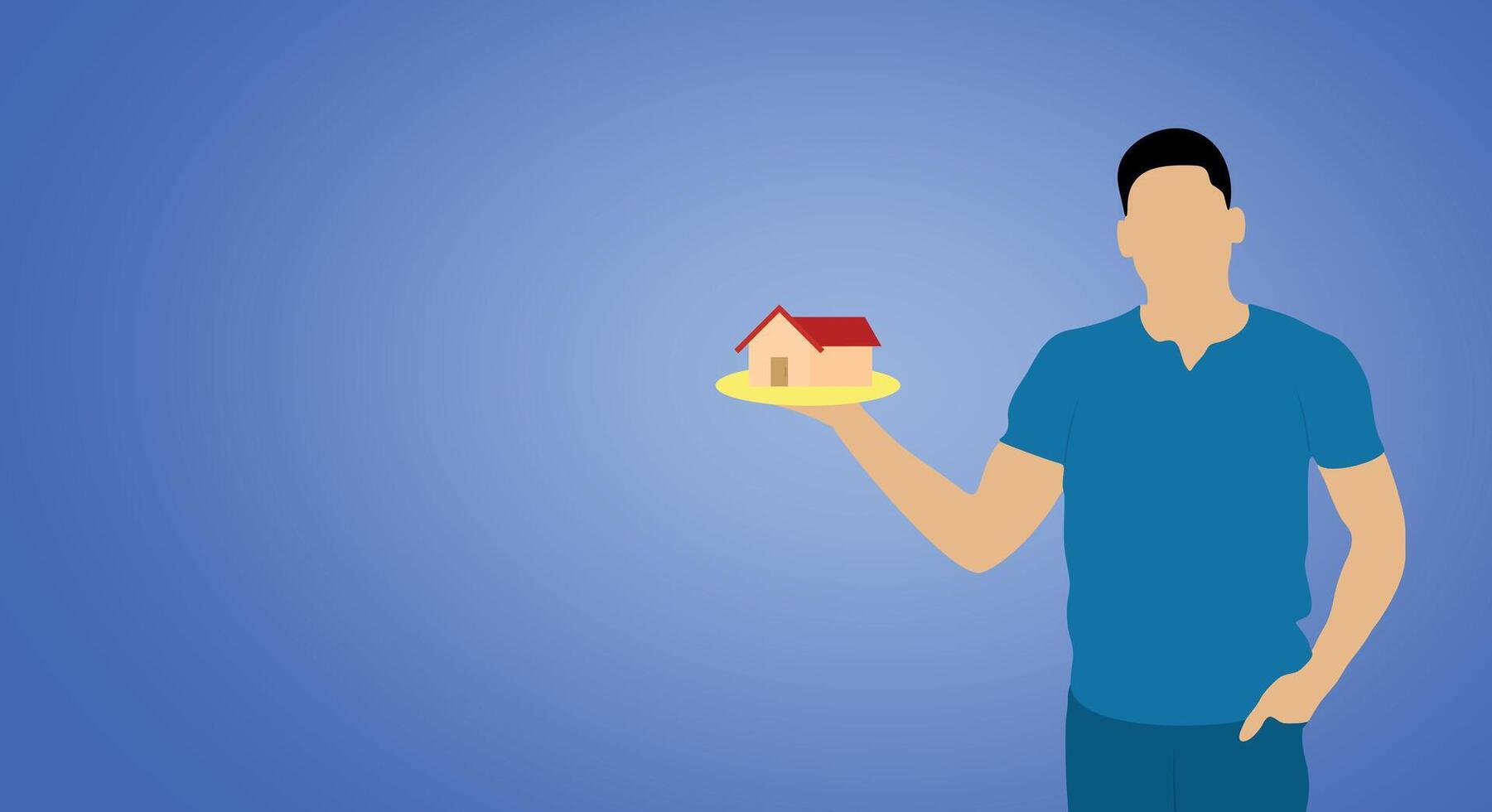 Man holding a miniature house in his hand, symbolizing real estate investment, home ownership, property security, and mortgage concepts. Perfect for real estate, housing, and financial themes vector