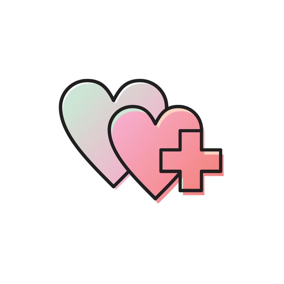 Double heart with healthcare plus sign, medical logo heart illustration light pink color vector