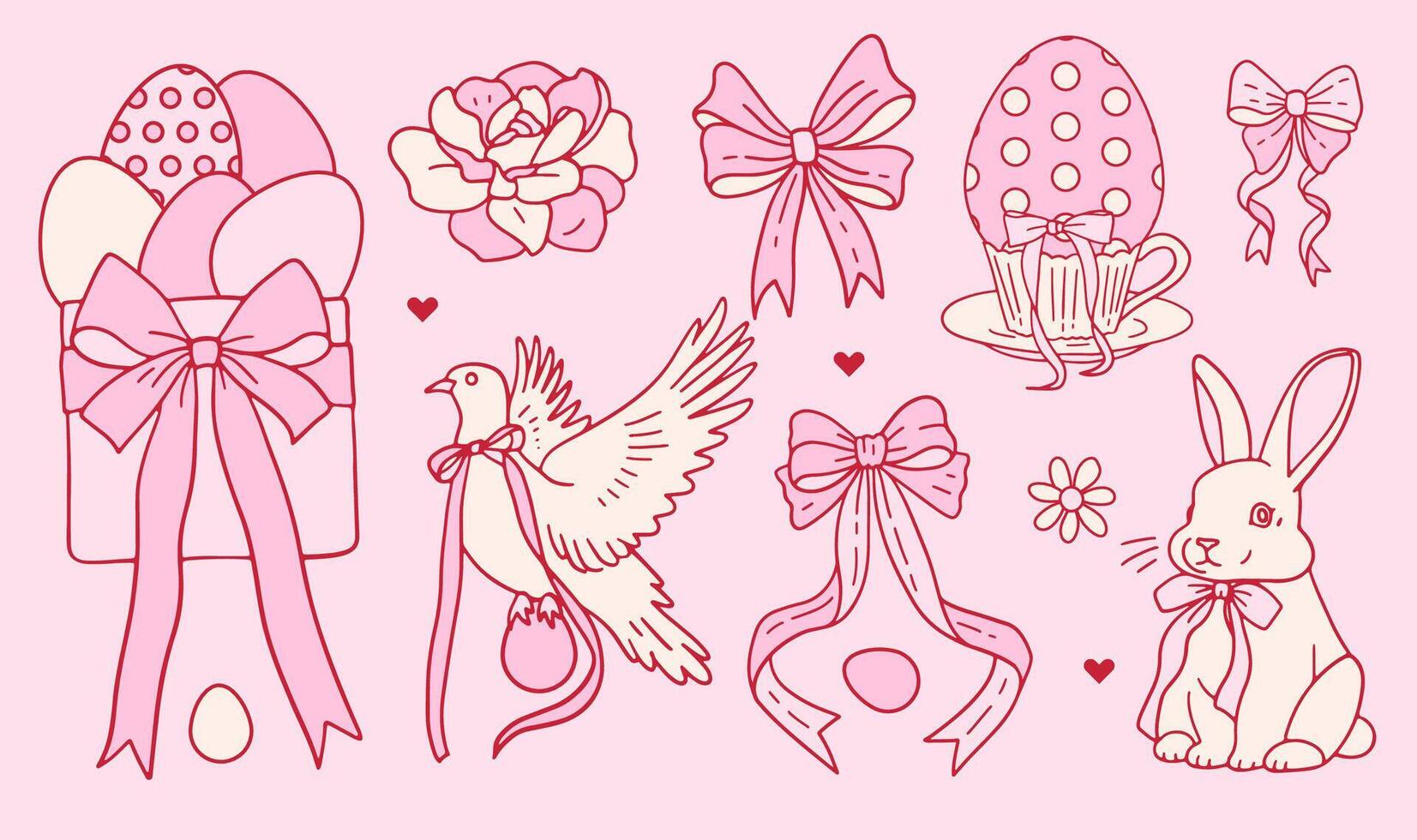 Set of doodle hand drawn elements for Easter in coquette style. Cute pink girly bunny, bows and ribbons, flower and dove, eggs. Cottagecore style. Vintage whimsical contour illustration. vector