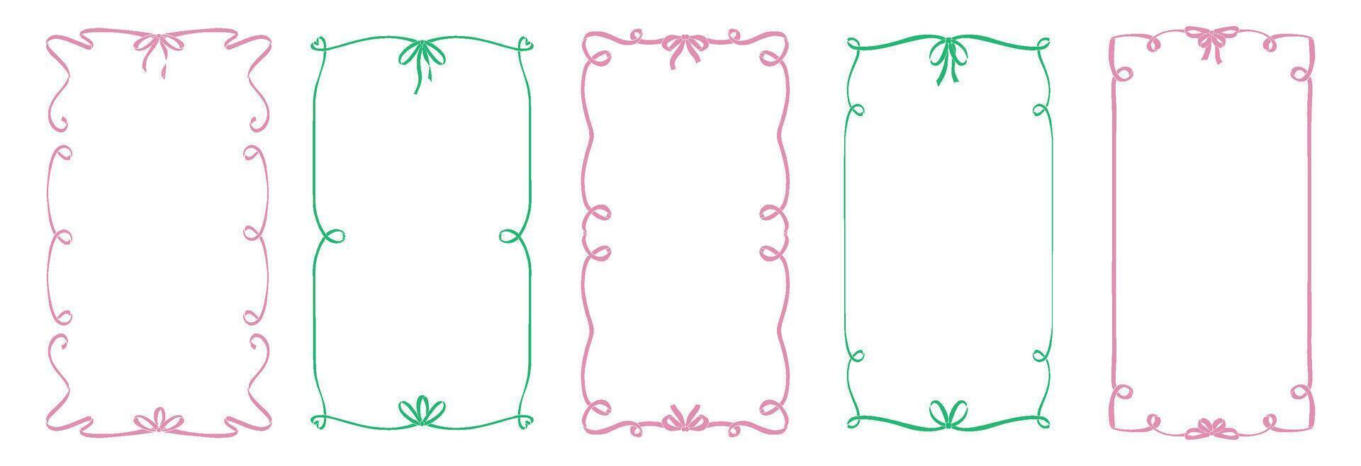 Elegant trendy Frames set, Hand Drawn pink and green Borders with bows for Wedding Invitation, Whimsical frames for birthday card, Squiggly and Wavy Borders. Minimalist line art. Flat design vector