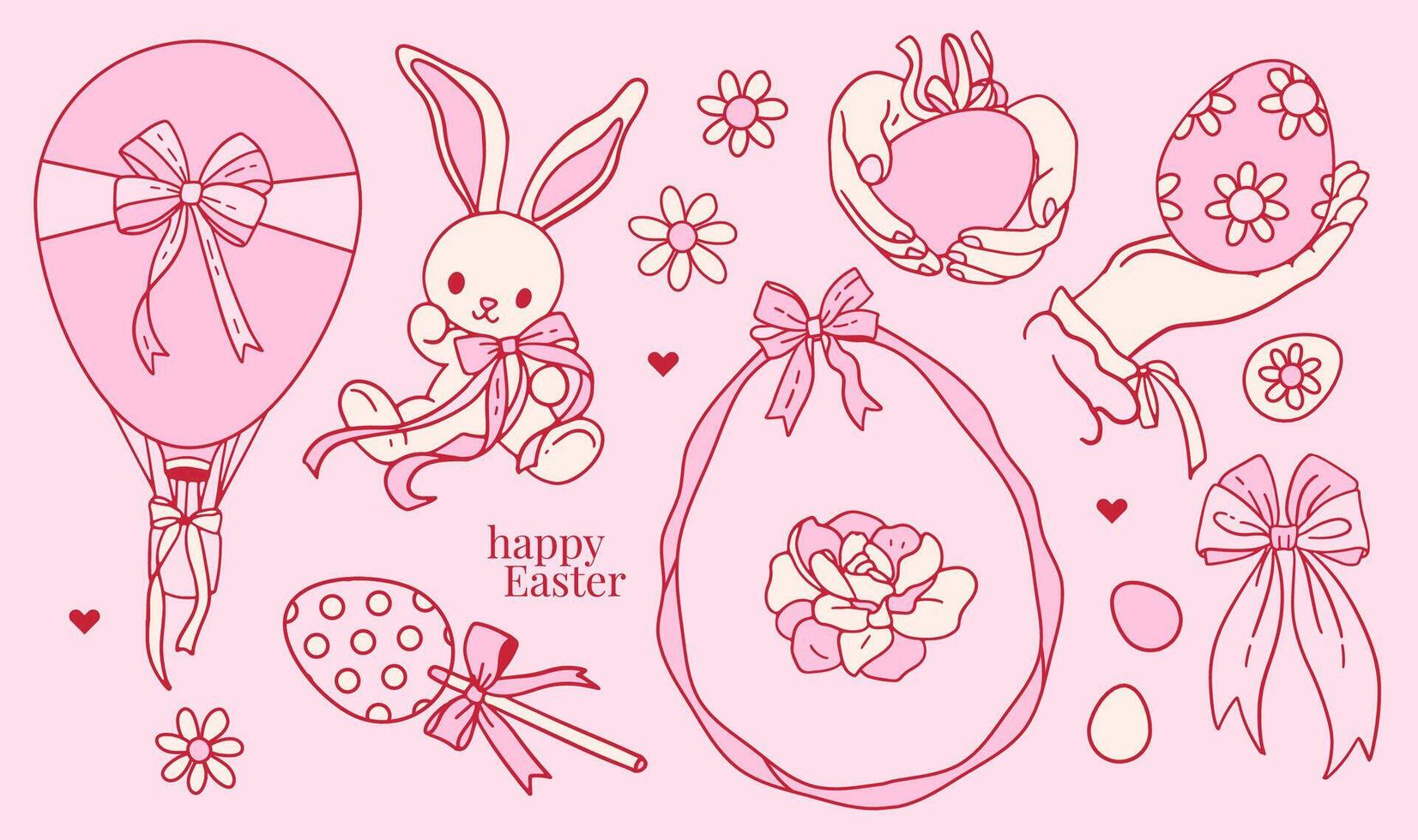 Pink Happy Easter set with cute rabbits, eggs, balloon, sweets decorated with bow and daisy. Trendy vintage coquette contour illustration isolated on background, hand drawn, flat design vector
