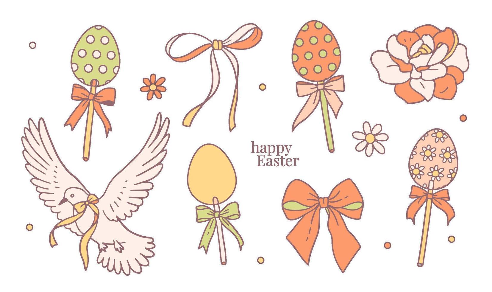 Easter set with hand drawn sweet contour elements of eggs lollipops with bows, flowers and dove in vintage coquette cute style. Flat pastel illustrations for banner, poster, greeting card vector