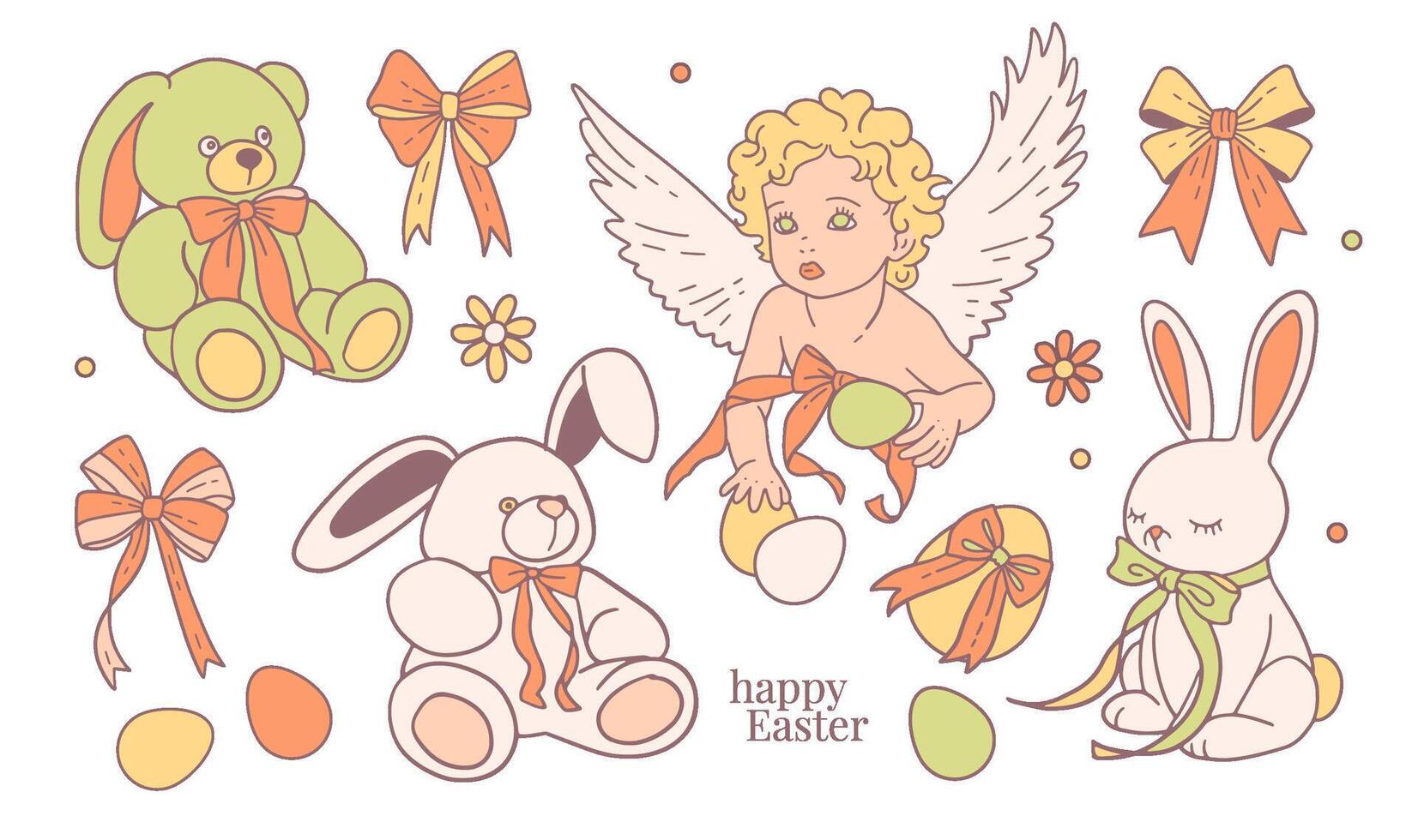 Elegant Easter set with painted eggs, rabbits, angel, flowers with bows. Easter and spring elements. illustration in flat contour style vector