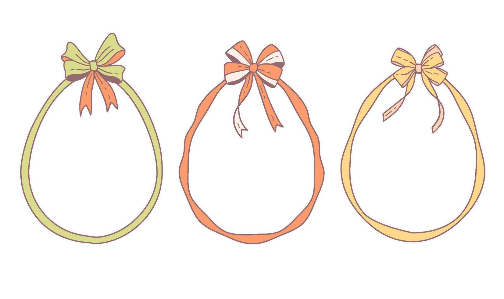 Egg shaped ribbon frames set with coquette bows. Easter Holiday borders. Vintage elements for greeting cards, invitations, social media. Whimsical cute design for Happy Easter. Contour vector