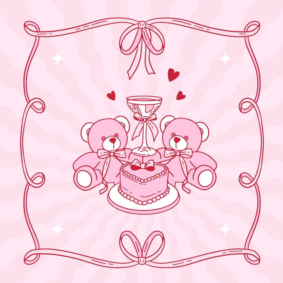 Cute birthday Teddy Bear s couple with bento cake and coattail. Funny character Valentine Greeting card, print, design template. contour coquette illustration. vector