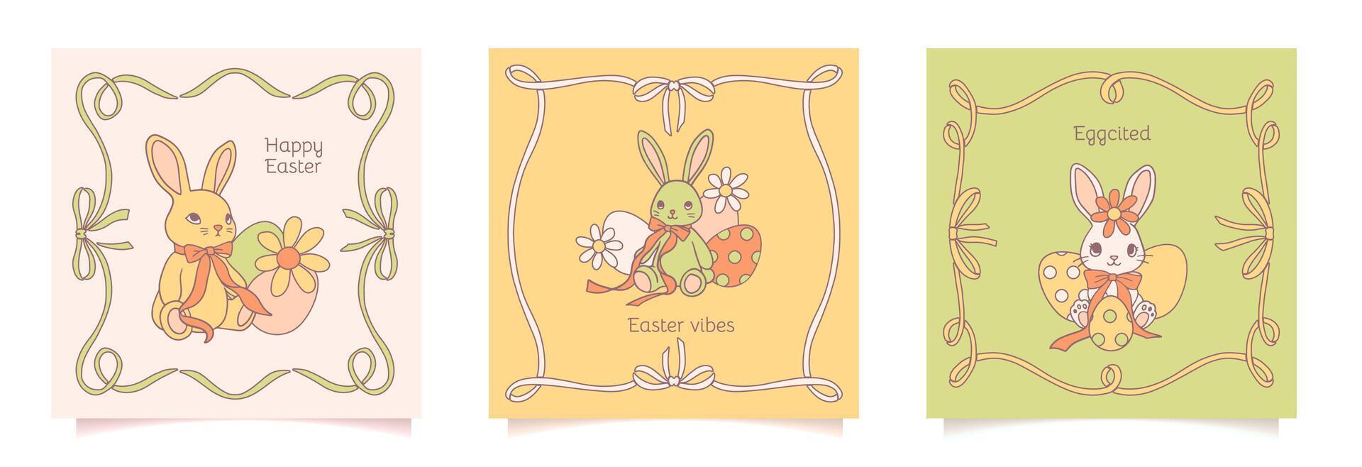 Happy Easter set of square cards, posters or covers in modern minimalist coquette style with ribbon frames, eggs and rabbit with bows. Trendy cute templates for social media ads or invitations vector