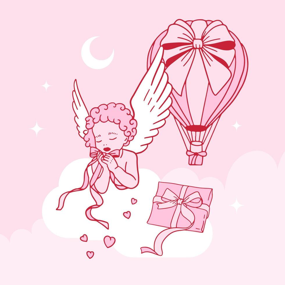 Baby cupid girl with pink hot air balloon, blending love and fantasy, minimal design in cute style for Valentine s Day, romance, affection love concepts, isolated icon on pink cloudy background vector