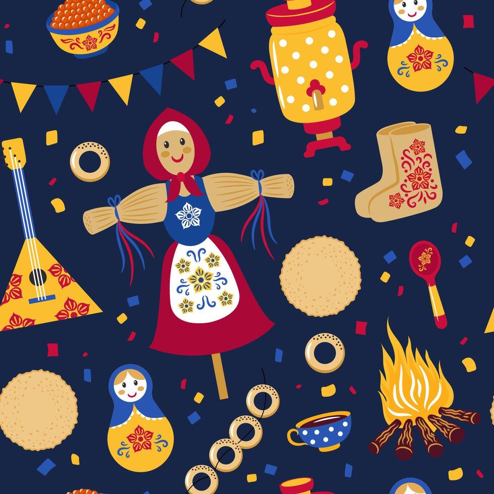 Russian Masnenitsa or Shrovetide. Set of design elements - pancakes, balalaika, scarecrow, samovar, matryoshka. Colorful seamless pattern on blue background. vector