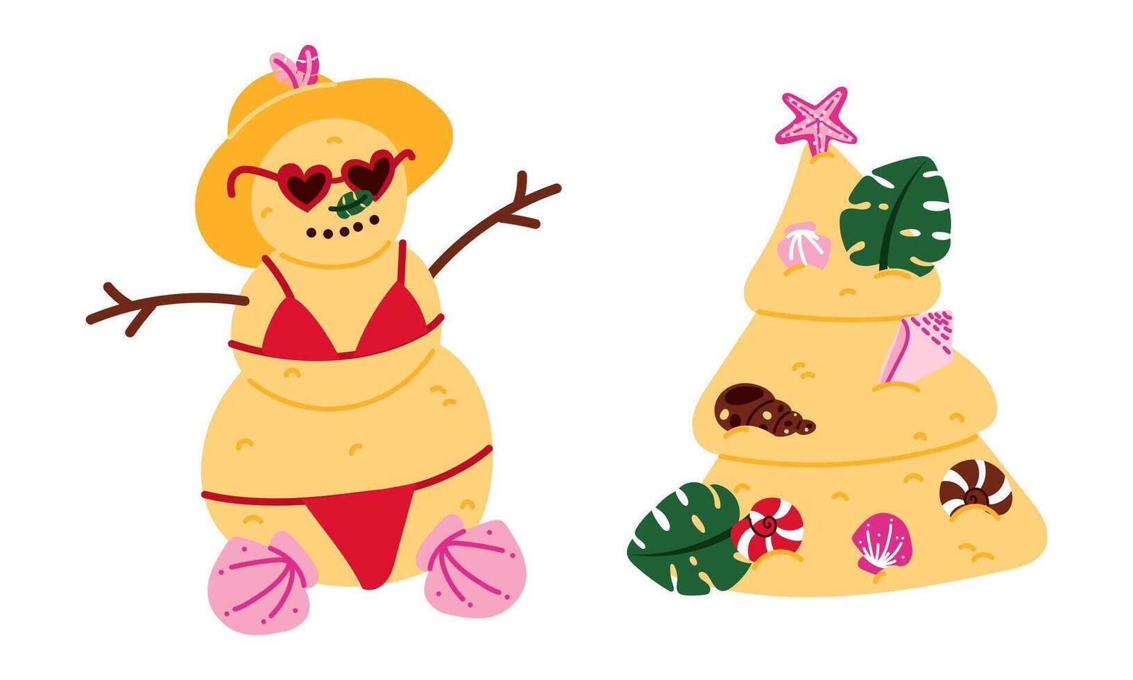 Set of Christmas Tree, Snowman. Christmas tree and a snowman made of beach sand are decorated with tropical decorations. On a white background. Merry Christmas in the tropics. greeting cards, posters vector