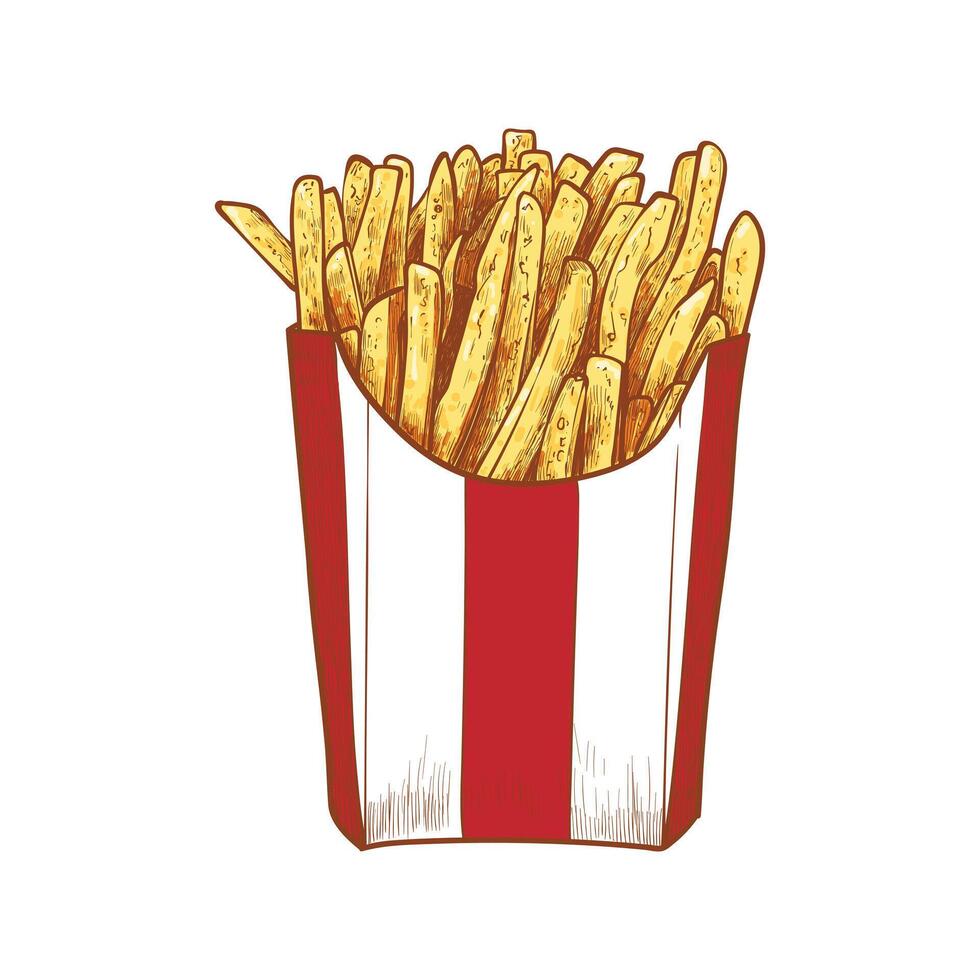 Hand drawn side view french fries. Tasty yellow orange crispy fries in a red and white striped box with outline, fill, details in separate groups. This asset is ready to use and easy to edit. vector