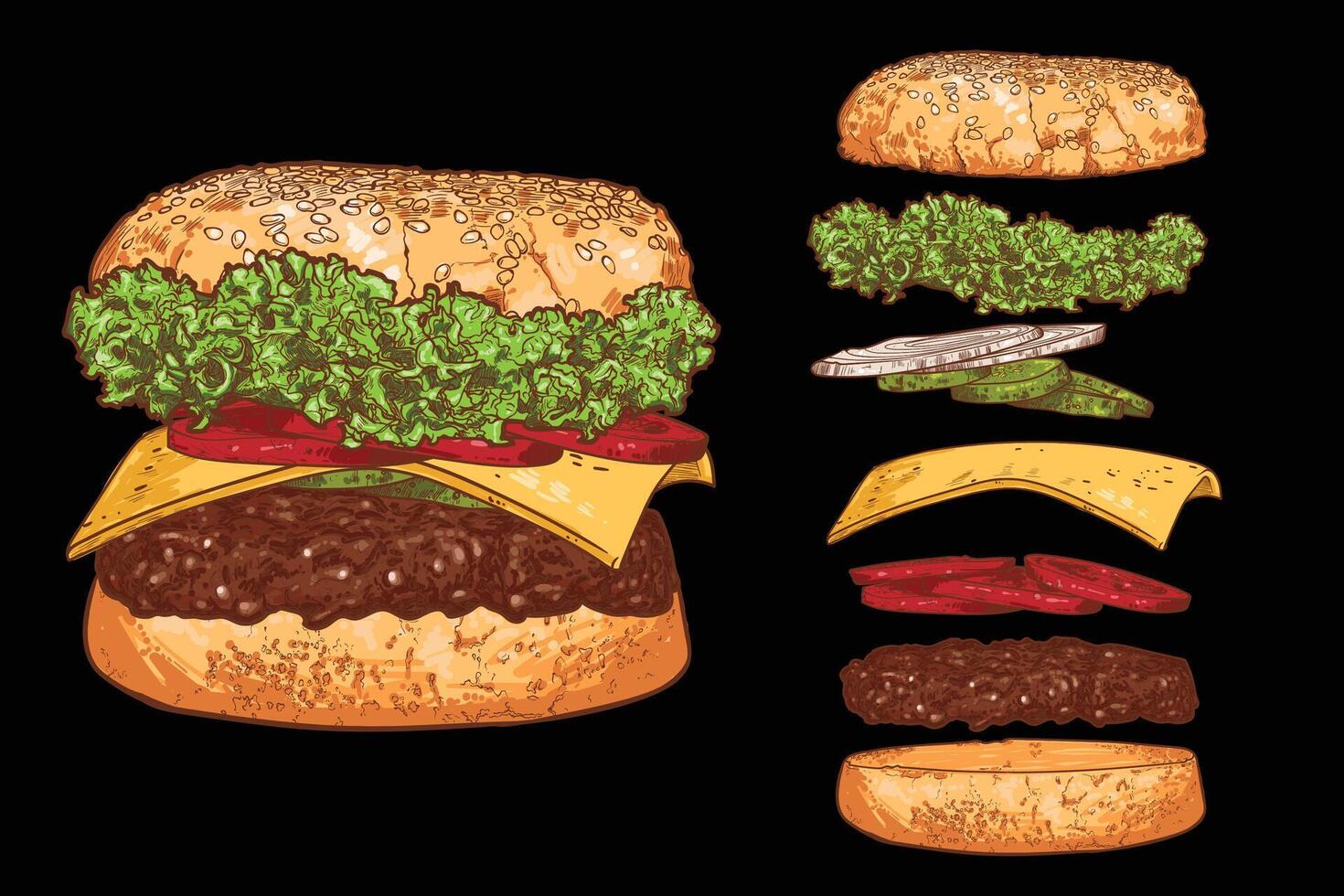 ham burger line art hand drawn fast food with lettuce, cucumber, cheese, onion, minced meat, bread bun. Flying separate ingredients on black background. vector