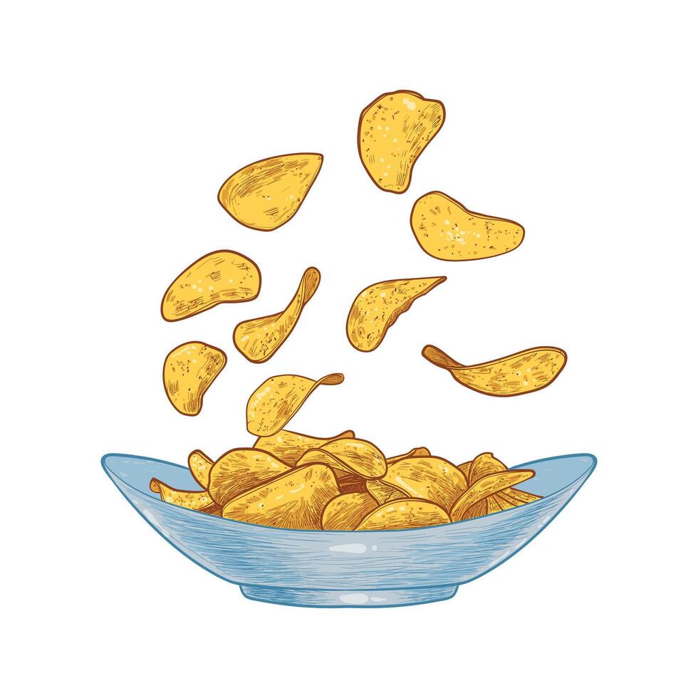 Hand drawn side view chips in a bowl. Crisps with outline, fill, details in separate groups. This asset is ready to use and easy to edit. vector